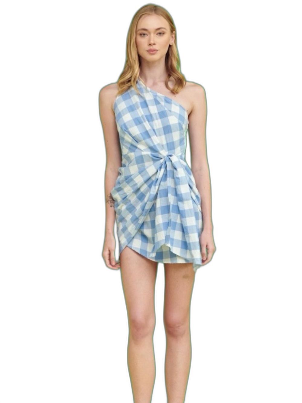 Lena One-Shoulder Blue and White Gingham Mini Dress